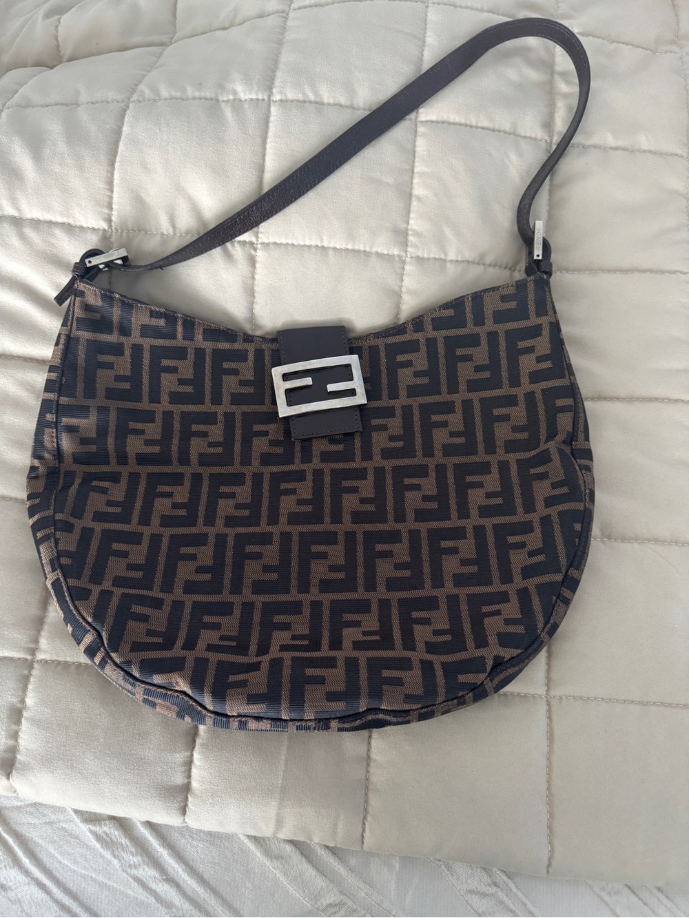 Fendi Brown FF Logo Crescent Shoulder Bag with Silver Buckle